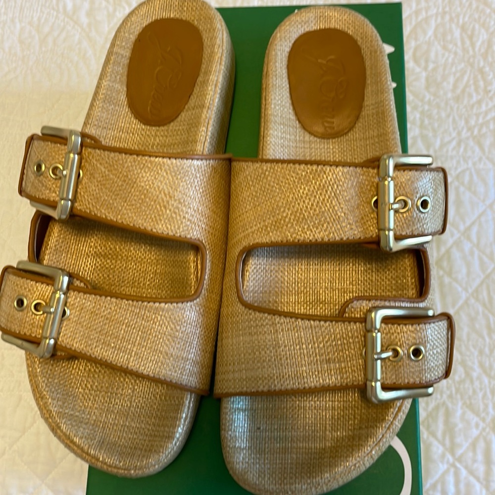 Raffia two strap buckle sandal